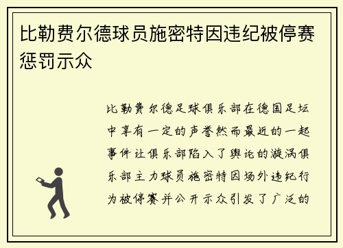 比勒费尔德球员施密特因违纪被停赛惩罚示众